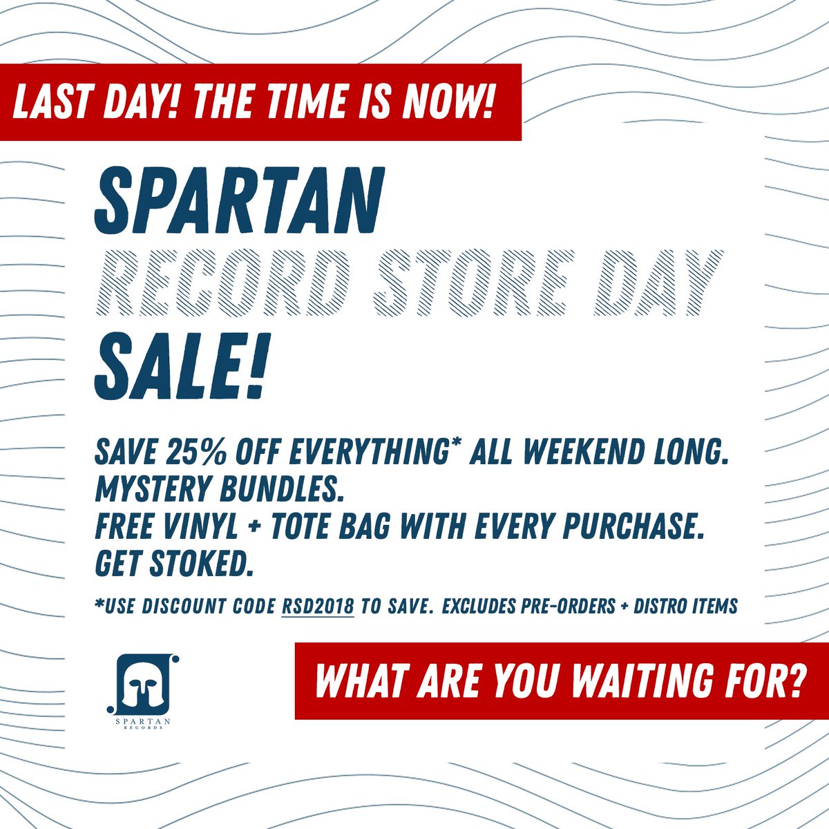 Today's the the last day of our epic #RecordStoreDay sale! Get your groove on at spartanrecords.com and save a bigtime 25% on almost everything when you use the promo code RSD2018 at checkout. We'll also throw in piles of free stuff in every order! What are you waiting for?