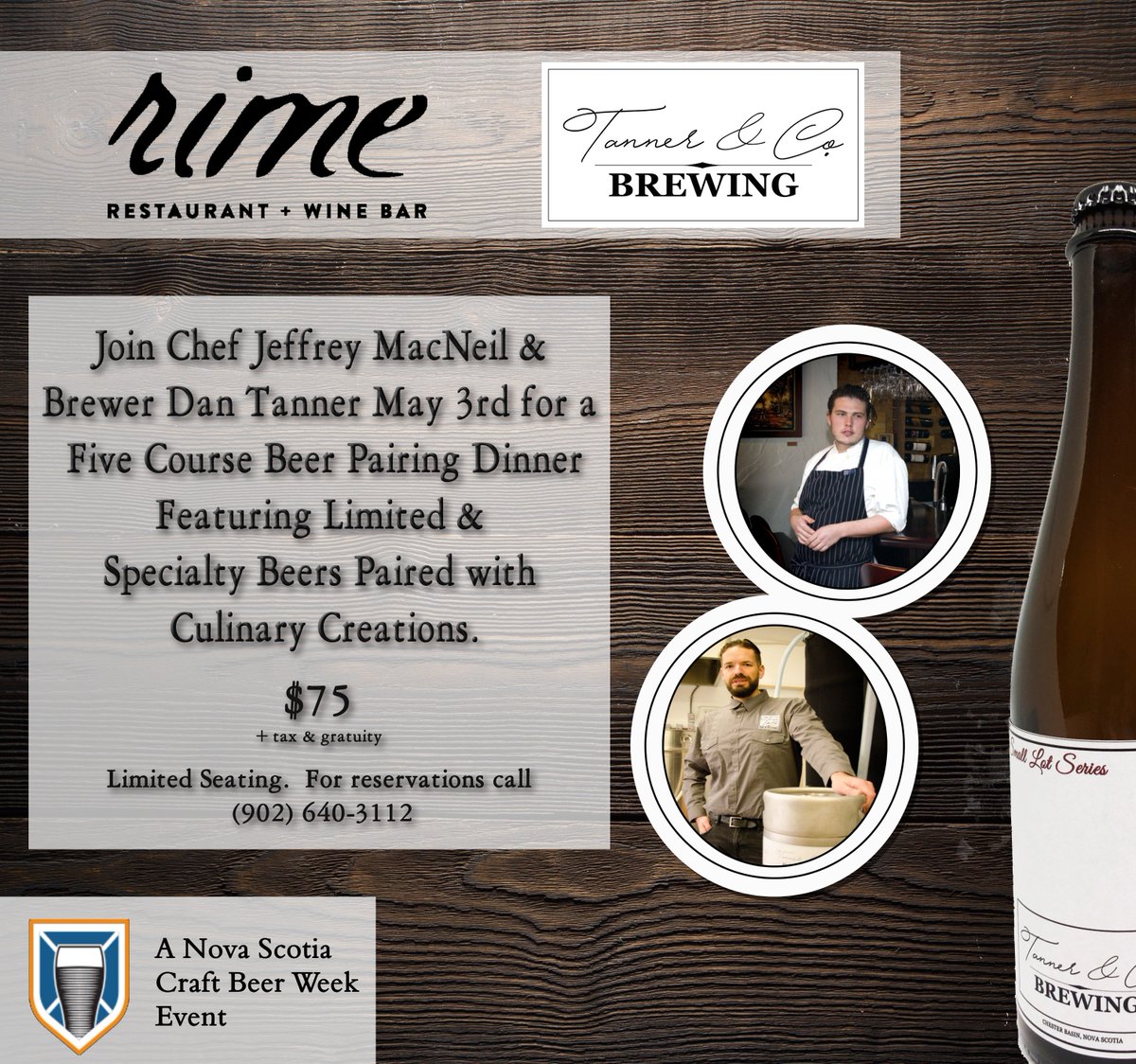 RimeRestaurant's tweet photo. @TannerBrewing will be at @RimeRestaurant for @NSCraftBrewers Craft Beer Week! @RimeChef &amp; @danntanner have even added a sixth course! Book your spot now! 902 640 3112 or dine@rimerestaurant.ca https://t.co/SVvFs28Pgv