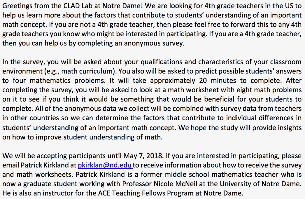 NicoleMMcNeil's tweet photo. We’re looking for 4th grade teachers in the US to help us learn more about how children learn math. Please pass on to anyone who might be interested. https://t.co/iBPv5JAdOf