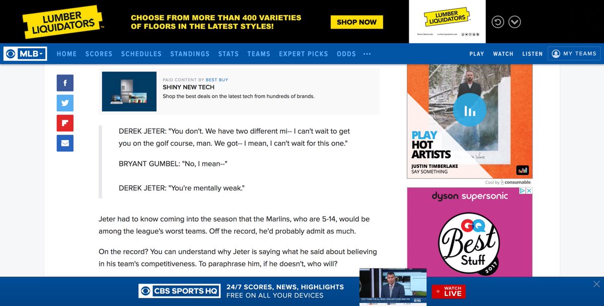 Jesse_Moskowitz's tweet photo. .@CBSSports 

On this standard 1440x900 screen, advertisements account for ~40% of space while actual content is just ~22%. 

It’s hard to be “banner blind” when you’re “banner slapping me in the face” with useless crap.

#ux #userexperience #productdesign #webdesign @zeldman https://t.co/T8YpmL041T