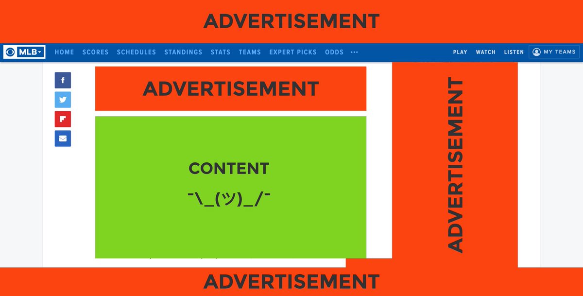 Jesse_Moskowitz's tweet photo. .@CBSSports 

On this standard 1440x900 screen, advertisements account for ~40% of space while actual content is just ~22%. 

It’s hard to be “banner blind” when you’re “banner slapping me in the face” with useless crap.

#ux #userexperience #productdesign #webdesign @zeldman https://t.co/T8YpmL041T