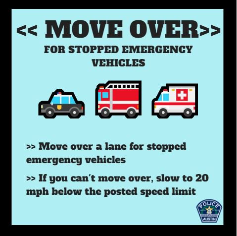 Austin_Police's tweet image. Do your part to help keep first responders and emergency crews safe. #MoveOver a lane or slow down when you see police, fire, EMS, TxDOT and tow trucks on the side of the road with emergency lights. #AustinPD #Safety