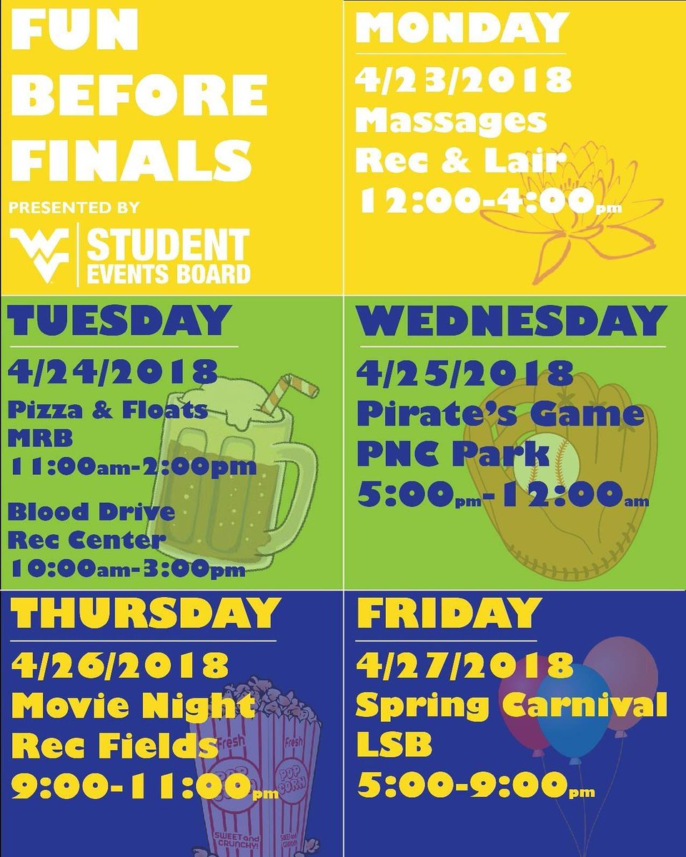 wvuseb's tweet photo. #FunBeforeFinals starts TOMORROW!! π https://t.co/WSVGw54QC4