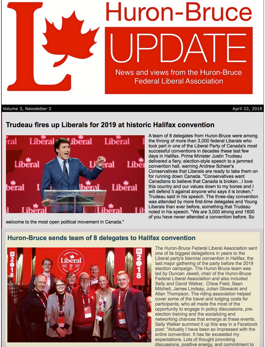 HuronBruceFLA's tweet photo. The latest issue of the Huron-Bruce Update newsletter is out and it describes the amazing Halifax convention of the Liberal Party of Canada. https://t.co/k5Fiv8nVw9 #Lib2018 https://t.co/qqlxcZeCxs
