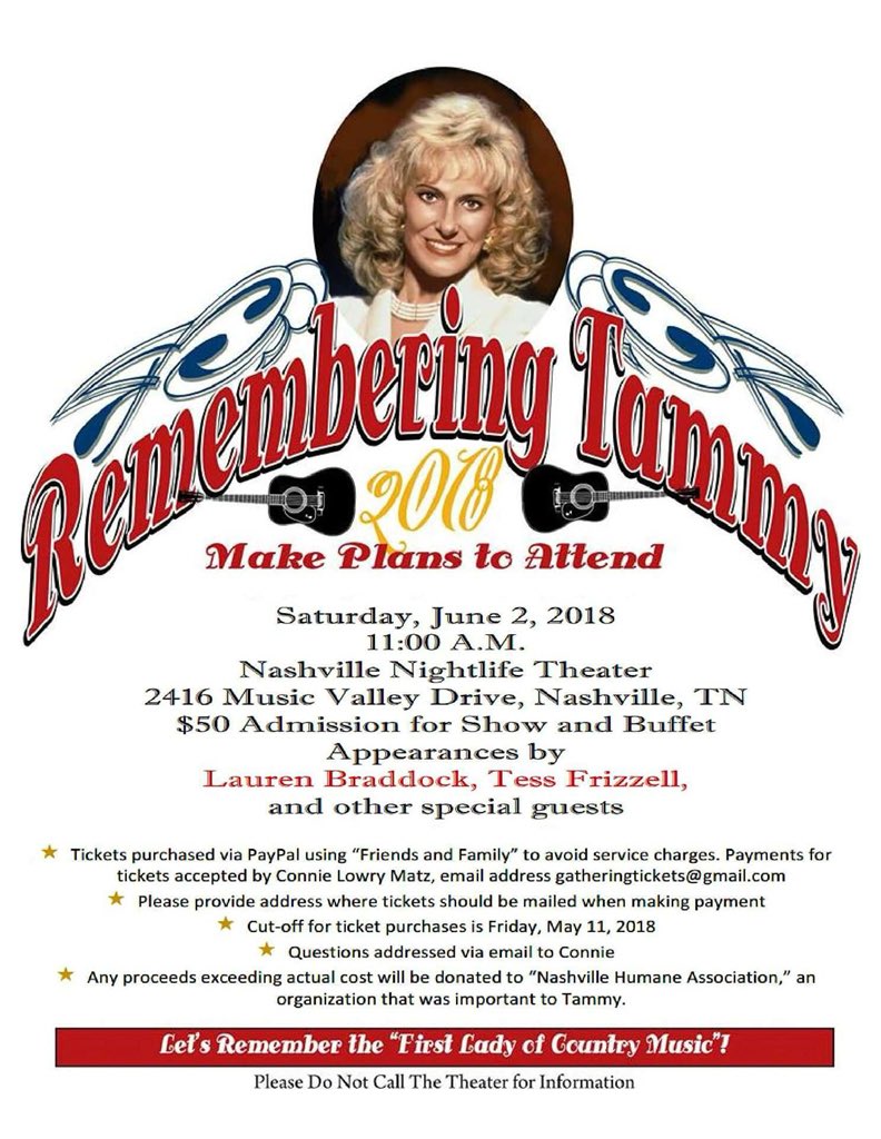 RememberTammy's tweet photo. @randytravis We would love for you to join us❤️ #RememberingTammy #Celebrating50YearsOfStandByYour Man #TammyWynette  #TheFirstLadyOfCountryMusic https://t.co/GDFdhvnQZI