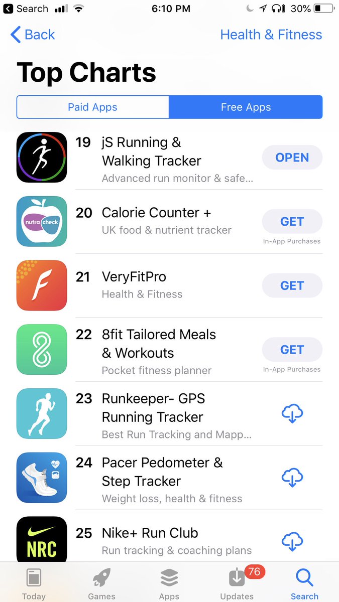 JS_Running's tweet photo. A new high for jS Running app, ranking in the Top 20 Health &amp; Fitness apps in the UK, ahead of more established rivals such as Runkeeper &amp; Nike. https://t.co/NywBHI2uNm