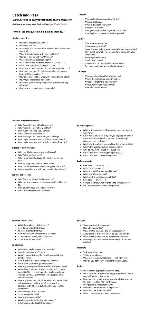 100 questions to ask your students during class discussion. Find out more here: bit.ly/2Hkhd61 #culturesofthinking #pzsyd
