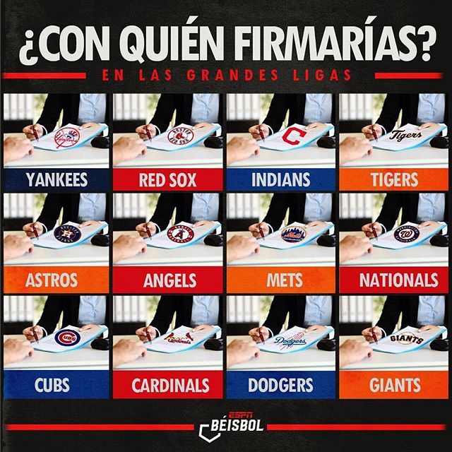 ESPN_Beisbol's tweet photo. QUE EMPIECE EL JUEGO: ¿Con cuál equipo firmarías tu primer contrato en Grandes Ligas? 🤔🔥⚾️ #ESPNBeisbol https://t.co/cmVpf5pEvr