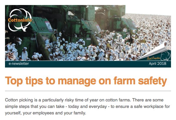 In this week's CottonInfo e-news: Top tips to keep your family and farm workers safe during this year's #cotton picking - mailchi.mp/bced6451d4c1/c… #agchatoz #ausag #cotton18