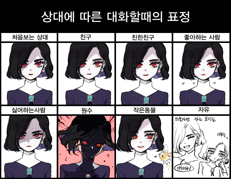 레드아이로 상대에 따른 대화할때의 표정. 원수가 있으련지 모르겠다 보통 표정이 차갑고 표정 변화가 적은거지 표정이 없진 않습니다 😊ترجمة...