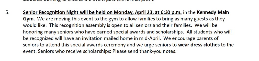 CRKennedyHigh's tweet photo. Senior Rec Night Info from the letter.  Would recommend you arrive by 6:15 to ensure you find your seat (it's alphabetical).  Remember, this year it is in the gym. https://t.co/i8CvhOLTOM