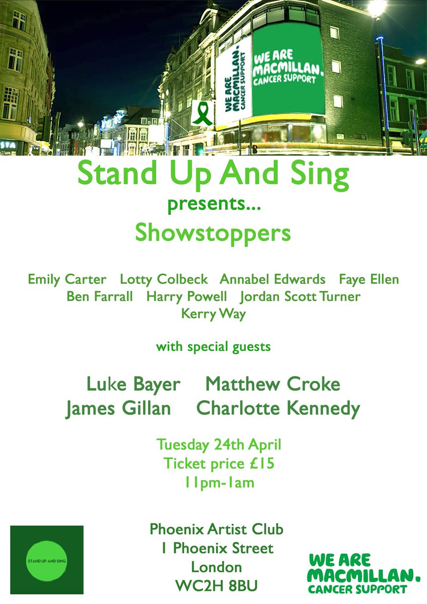 standup_andsing's tweet photo. What an amazing night supporting @AladdinLondon and @MADTrust at West End Eurovision tonight. If you want to keep up the festivities come and join us at the Phoenix Artist Club THIS TUESDAY at 11pm. Supporting @macmillancancer. Tickets £15 on the door 💚 https://t.co/y5ddGmjKUf