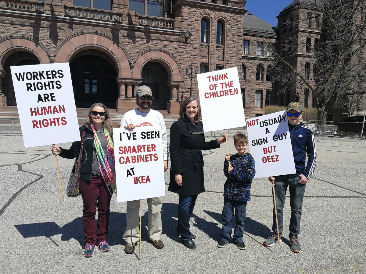 jennkfrench's tweet photo. Some great signs at the #Autoworkers' rally today at Queen's Park! All workers need emergency leave days. Why does this govt think the auto sector deserves fewer than everyone else in the province? #fairnessfortheautosector #autoworkersrally https://t.co/OTvfdd8dZ5