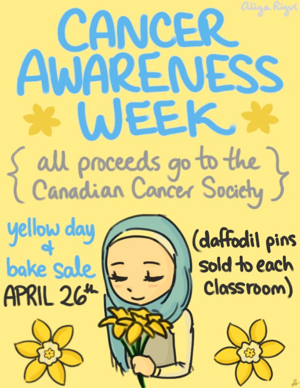 This upcoming week is cancer awareness week. Bring in donations any day of the week  to help support this amazing cause. And be sure to be decked out in yellow on Thursday and to bring in money for the bake sale to show your support mustangs!