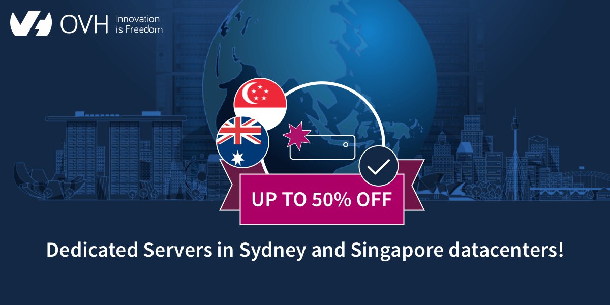 OVHcloud_ANZ's tweet photo. Up to 50% OFF Aussie 🇦🇺 and Singapore 🇸🇬 Dedicated Servers to celebrate one year since we set up shop in the Asia-Pacific region! Find the ideal server for your project without burning your budget: ▶︎ https://t.co/prdW9sBeXn #OVHAPAC1BDAY https://t.co/KLPC42LJSL