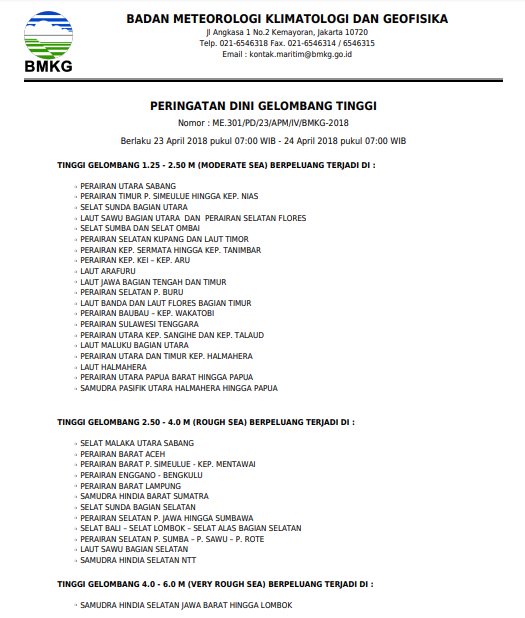 Bagi Anda Pengguna Tranportasi Laut, Berikut Informasi Peringatan Dini Gelombang Tinggi di Wilayah Perairan Indonesia
.
.
Silahkan Klik >>
