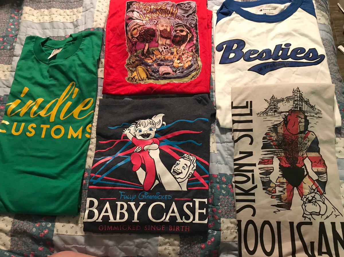 SADPodcast's tweet photo. I think it’s safe to say we’re indie merch fans after our shirt haul today. #Indiewrestling https://t.co/S48zhVamIT