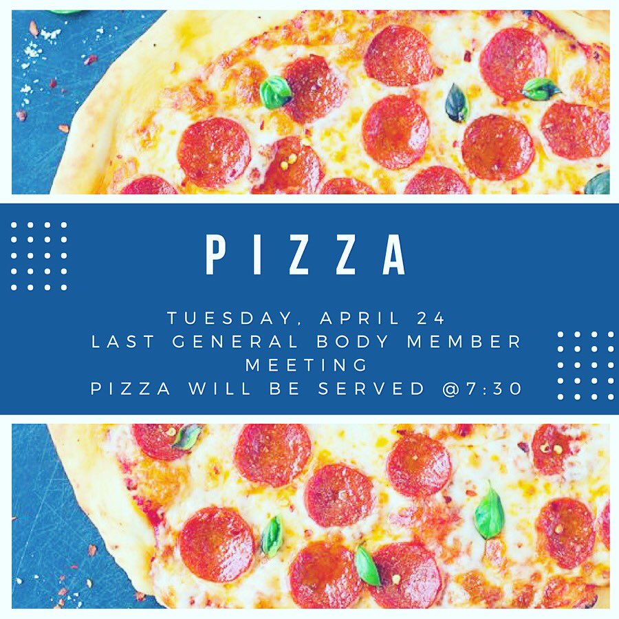 MUCobeenHall's tweet photo. This Tuesday is our last general body meeting! Join us at 7:30 for pizza to celebrate the year! https://t.co/b22LZ7kCTx