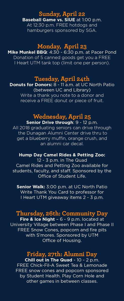 It’s I Heart UTM Week!! Check out the schedule of this week’s events and mark your calendar to make sure you don’t miss out on any of the fun! Check back here and on FB (I Heart UTM) for any weather related changes throughout the week! #BeUTMProud #IHeartUTM