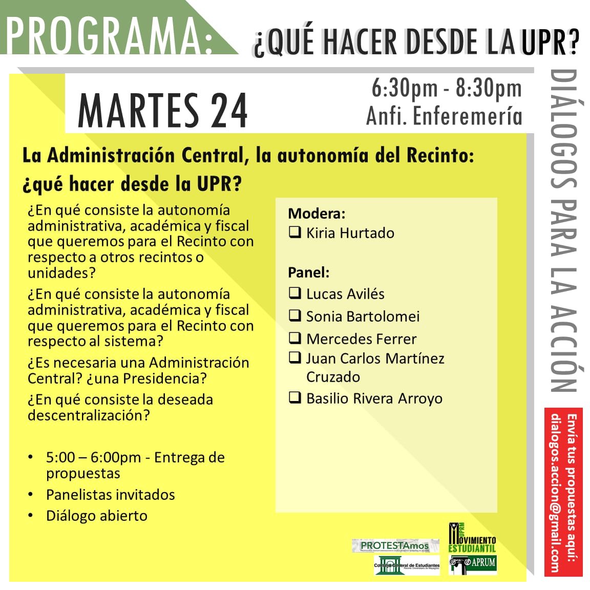 🚨El Diálogo pospuesto por el apagón del pasado miércoles se celebrará el próximo martes, 24 abril, 630-830pm en Anf. Enfermería. Todxs bienvenidxs.🚨
