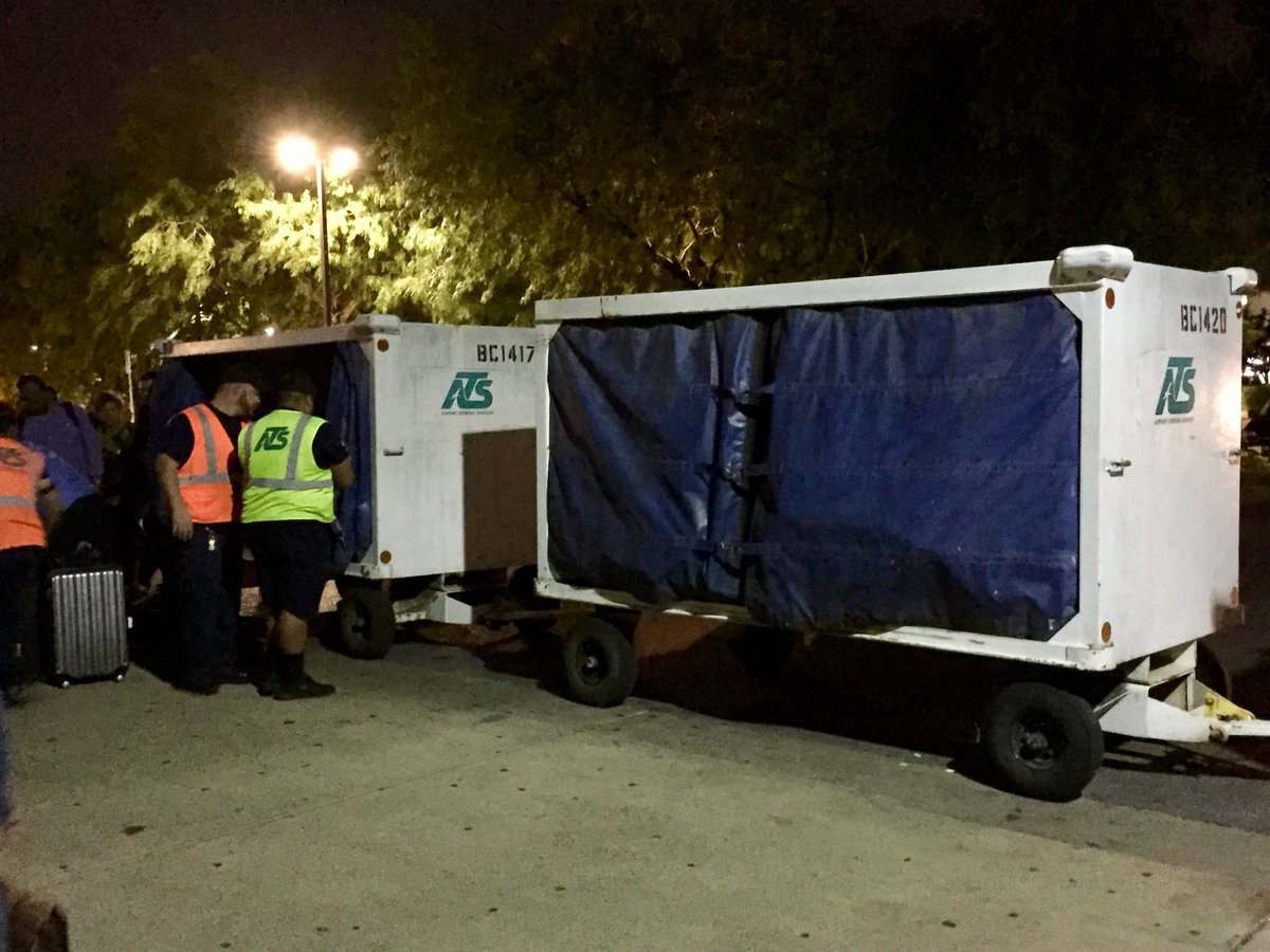 MattHoliner's tweet image. The one baggage return carousel at the McAllen Airport broke. The solution? Drive the luggage train to the front of the airport and unload the baggage manually for passengers. Most bizarre ending to a trip in my life! #smalltownproblems