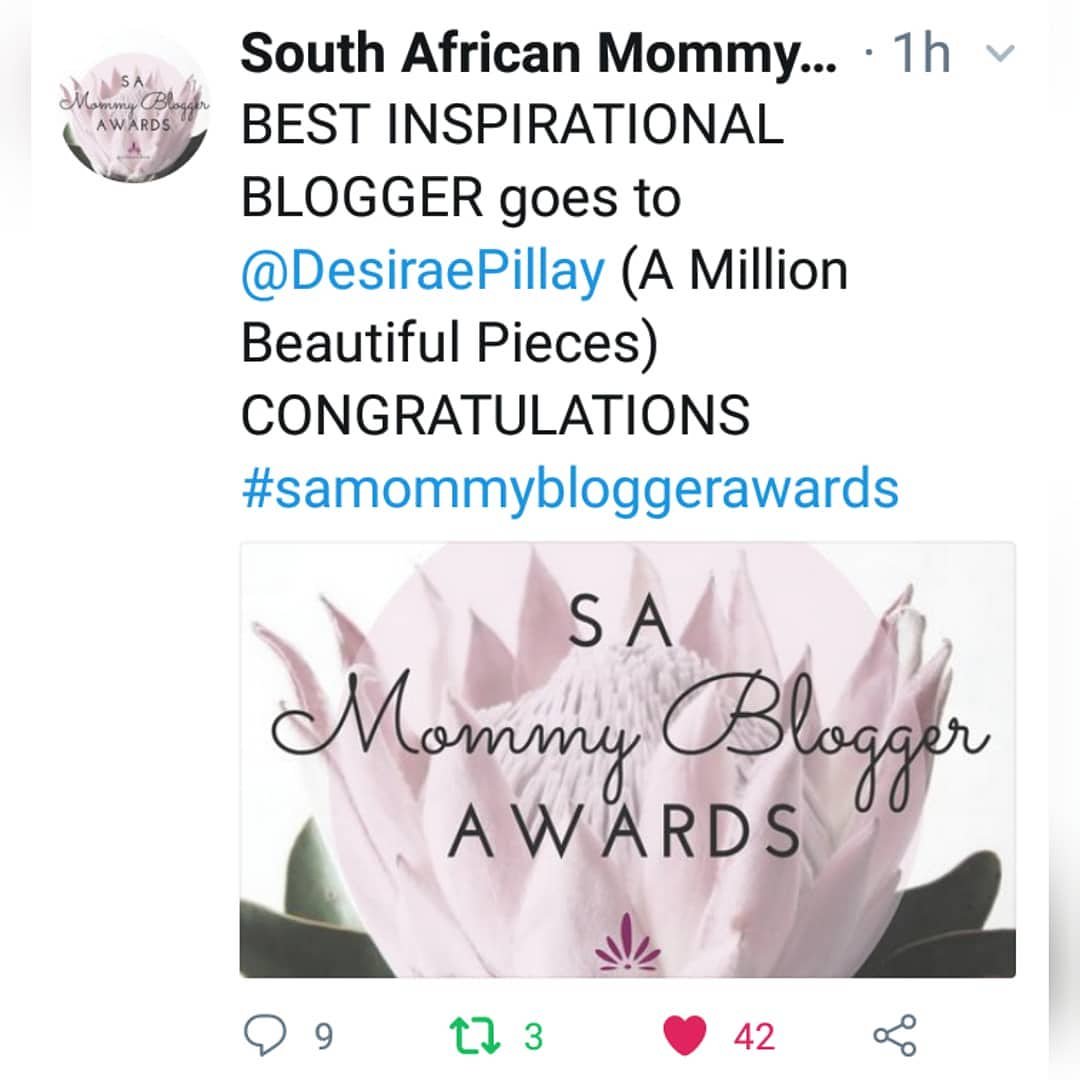 DesiraePillay's tweet photo. A few people have asked me which blog post won the SA Mommy Blogger Award for me?
It was "When Love is not Enough", first posted on November 13, 2017.
https://t.co/tOw3S2Rb4h
#SAMommyBloggerAwards
#OneMessyMama
#SouthAfricanBlogger
#MostInspirationalBlogger2017
#BloggerAwards https://t.co/6icIZ1FA5I