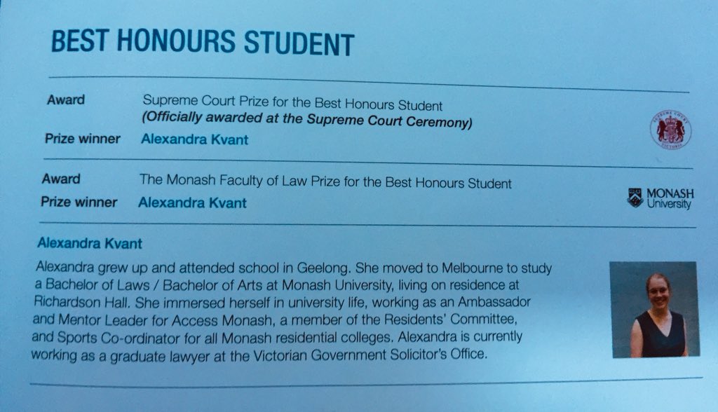Congratulations to Alexandra Kvant @alexck712 from our trainee cohort who took out <a href="/MonashLawSchool/">Monash Law</a> Best Honours Student, Supreme Court Prize and more 👏 #futuregovtlawyer