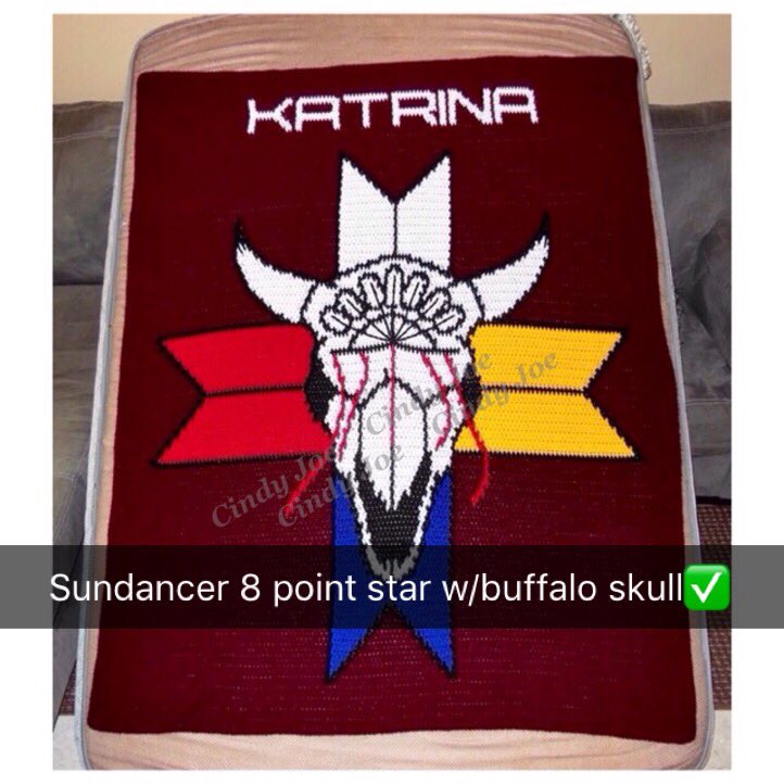 CBKCINDYJOE's tweet photo. Sundancer 8 point star w/buffalo skull w/name blanket done & ready for its 4 ever home #sundancer #powwowdancer #Canada @NoiseNb @RedHeartYarns @Native_NewsNet @GONPowwow #IndigenousPeoples #indigenousculture #8pointstar @MikmaqRights https://t.co/14Tih1gokt
