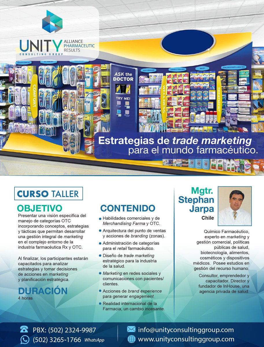 UnityConsGroup's tweet image. Curso taller - Conceptos, estrategias y tácticas que permitan desarrollar una gestión de marketing en el complejo entorno de la industria farmacéutica Rx y OTC. 21-mayo
Más información: info@unityconsultinggroup.com PBX (502)2324-9987 WhatsApp (502) 3265-1766
#PharmaWeek