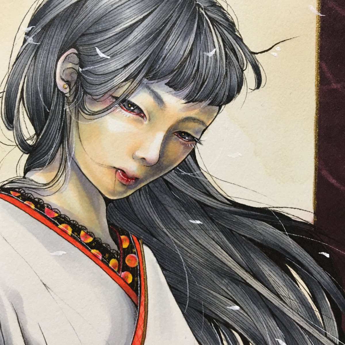 트위터의 冥 麿 Meimaro 님 残月華 ケント紙にコピックマルチライナー コピック 紅茶 金箔 リキテックス 他 区民館で全年齢の コピック公式展示 第6回コピックアート展 にて展示していただきました 今年もお誘い嬉しかったです 私が健全な絵を描く 唯一