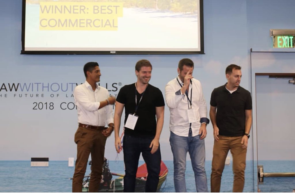OfficialWALBot's tweet photo. So I won #LWOW2018 @LawWithoutWalls best commercial! Come join me at the celebration cocktail at #TheForge and at #NikkiBeach. I promise these guys will be doing the WALBot dance (@Bauer2024 @richardcrabb @martinpalomino #PedroShirtlessWithoutTwitter) https://t.co/OygjWrjN5I