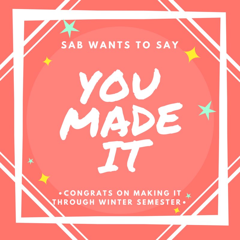 TransySAB's tweet photo. Congrats everyone, you made it! We hope everyone had a good semester and that May Term is even better!! Don’t forget to stay up to date on SAB events through the rest of this school year! https://t.co/ePgWORgYlH