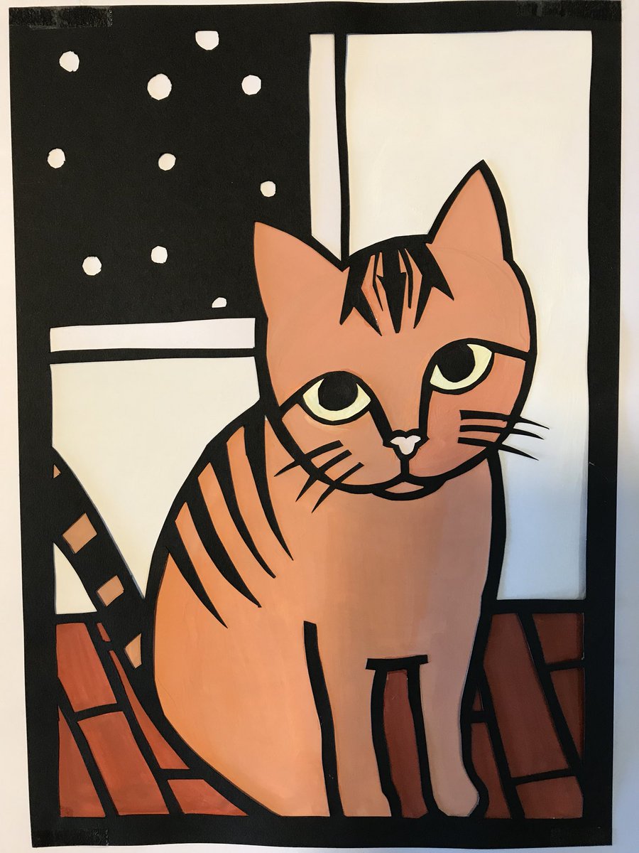 くぅ太郎広報部長代理 広報部員みはる うちの娘の小学生の時に作った版画と 中学生になって作った切り絵 なかなかセンスあると思うんですが 親バカかしら ゝﾃﾍ 猫好き 親バカ 版画 切り絵 猫アート