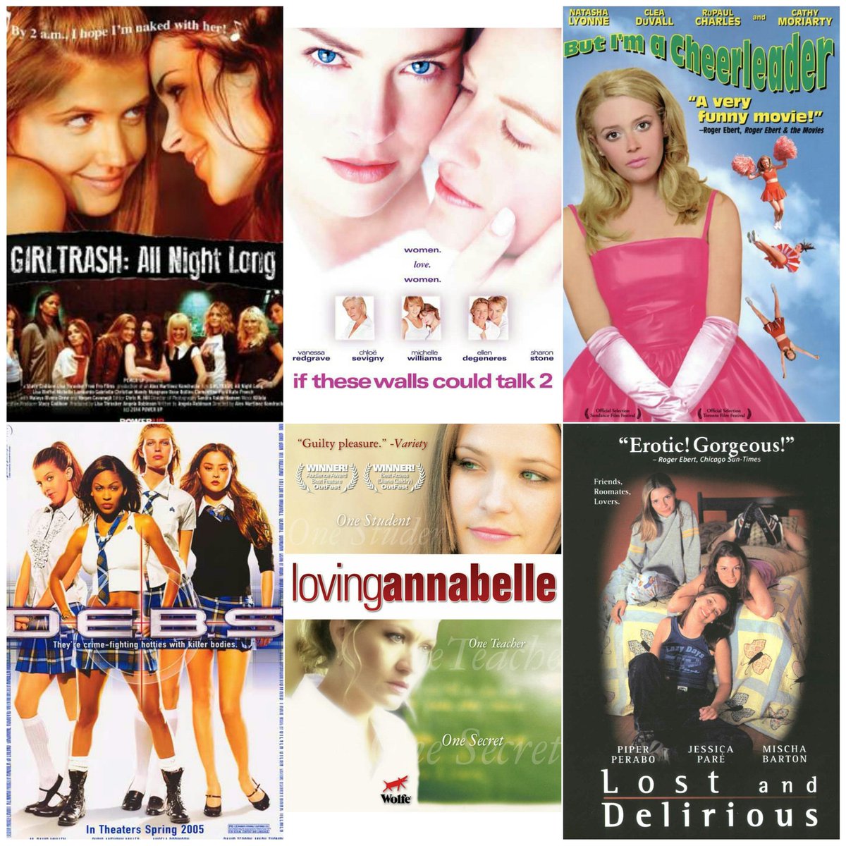 WildnOutAdvntur's tweet photo. @DGblackhole You're on a roll for good lesbian films so I thought I'd throw these in. D.E.B.S &amp; @GIRLTRASHsite from the talented @RobinsonAngela Loving Annabelle from the talented @thekatbrooks who has another film coming &amp; If These Walls Could Talk 2, Lost &amp; Delirious &amp; But I'm A Cheerleader https://t.co/65auECo9IS