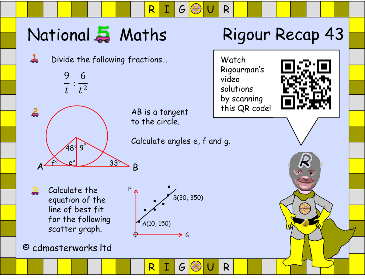 RigourMaths's tweet image. Only 11 days til #Nat5Maths exam 2018! Try today's #RigourRecap 43. Let's keep this going! Scan the QR code to view full video solutions and use the Online Learning Portal to revise areas you struggled with; cdmasterworks.co.uk/national-quali…. If you don't have an account you can sign up.