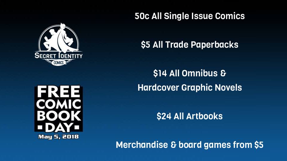 SecretIDcomics's tweet photo. We're doing something a little crazy here and dropping our FCBD special for trade paperbacks from $9 to $5 each!

Come in on May 5th for some very special clearance discounts. Only while stocks last! https://t.co/YQmIvjACtq