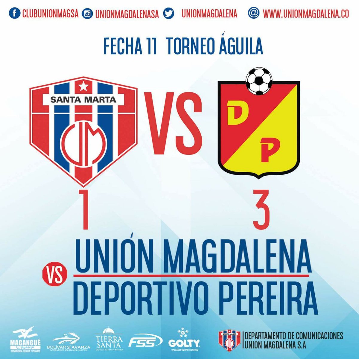UnionMagdalena's tweet photo. #DatosUM | Hace un año, @Corpereira nos derrotaba 3-1. Hoy, con el mismo marcador, nos consolidamos en el grupo de los ocho del Torneo Águila 2018.
#SoplaCiclón #SomosBananeros https://t.co/qCOzW5bF7V