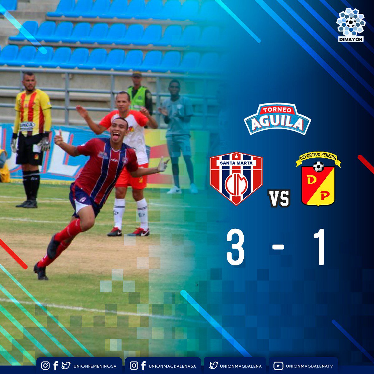 UnionMagdalena's tweet photo. #DatosUM | Hace un año, @Corpereira nos derrotaba 3-1. Hoy, con el mismo marcador, nos consolidamos en el grupo de los ocho del Torneo Águila 2018.
#SoplaCiclón #SomosBananeros https://t.co/qCOzW5bF7V