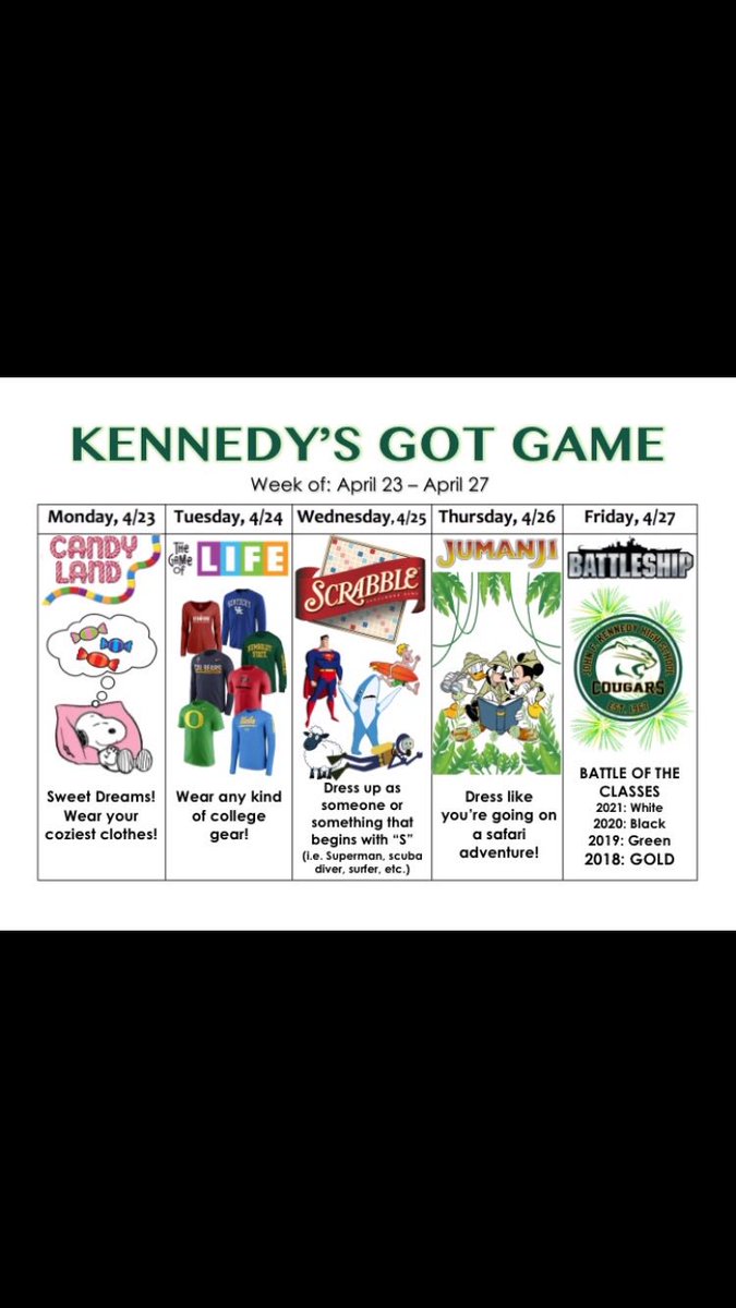 JFKGSM's tweet photo. This week is spirit week! Make sure to dress up and represent your class🗣🤘🏽 https://t.co/mVIpuuF8RX