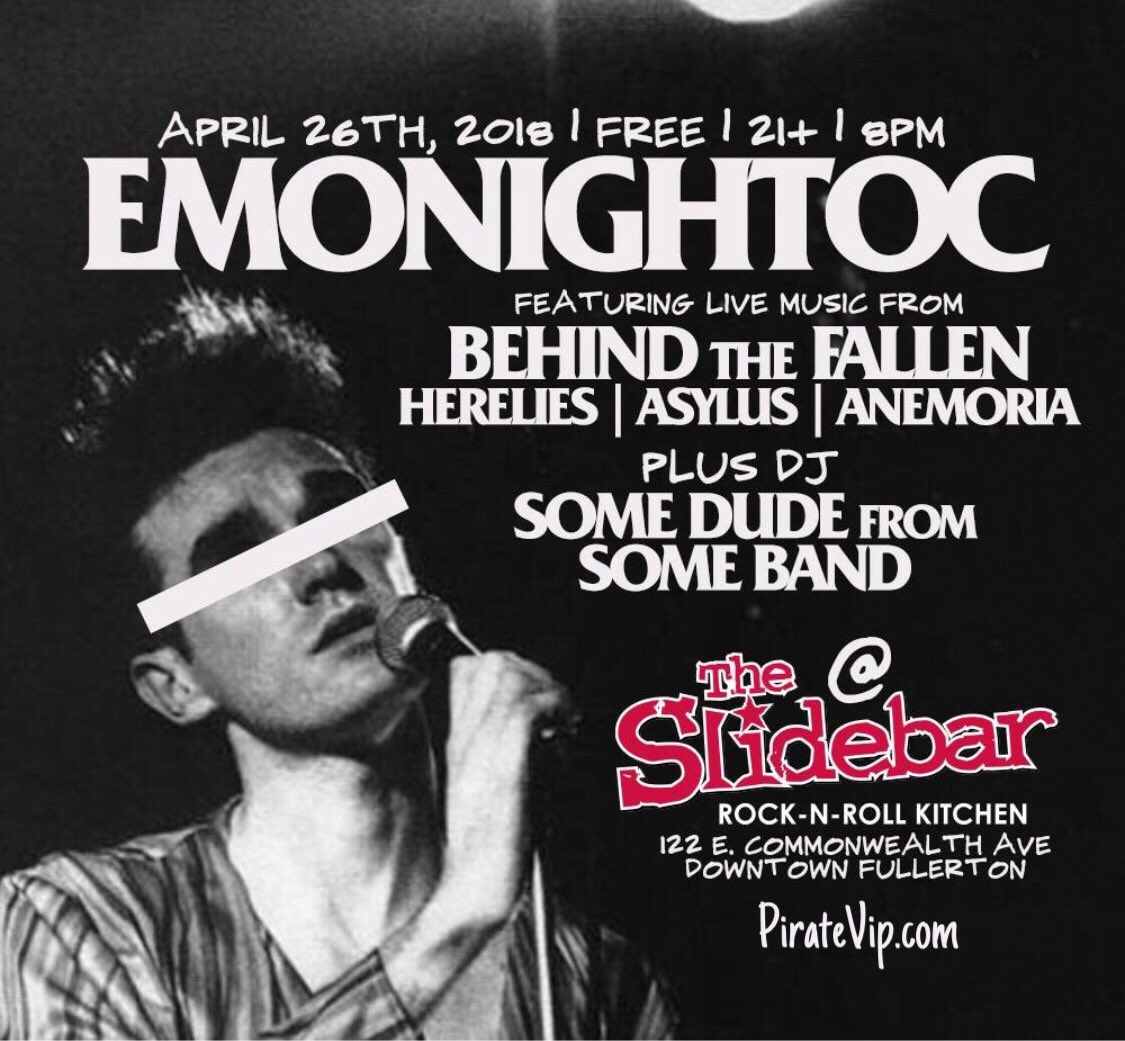 we’re headlining EMO NIGHT OC at <a href="/theslidebar/">The Slidebar</a> this Thursday April 26! Our buds in @hereliesband @asylusmusic and <a href="/AnemoriaMusic/">Anemoria</a> are also playing! its FREE 21+ 8PM