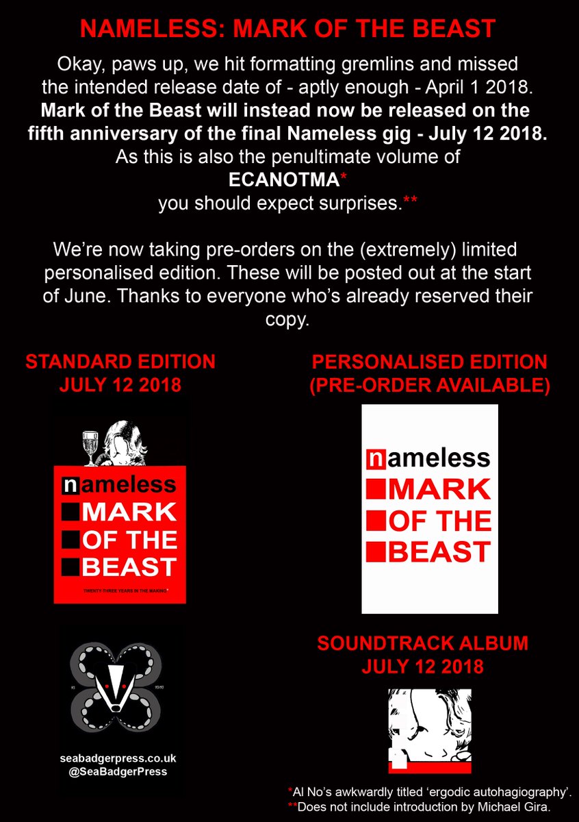 SeaBadgerPress's tweet photo. Here's the update on #MarkOfTheBEAST (The penultimate volume of #ECANOTMA, @Al_No_23's awkwardly-titled 'Ergodic Autohagiography'*) Apologies for the delay, gang. 
Pre-order the personalised edition at https://t.co/nPQGSN1etj
*Us neither. https://t.co/v1kDQszlRs