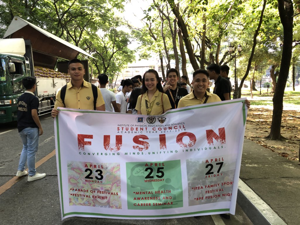 ustipeasc's tweet photo. FUSION:
Converging Minds.
Unifying Individuals.
Day 1: The Parade of Festivals
To lead our march we have IPEA 2017-2018’s Ambassador and Ambassadress, Mico Esueta and Kamille Mendoza (feat. Ryan Burgos)!
#IPEAWeek2018
#InvolveYourself https://t.co/Pfeen7pV2y