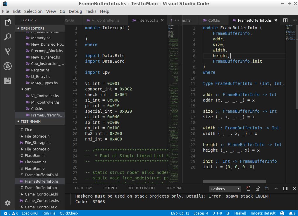 MarcBrosey's tweet photo. Due to popular demand from folks at #CodeStock, especially by @pcameronpresley, I'm resuming work on my N64 emulator in Haskell. It's been awhile, but it feels like I'm getting back into the groove of functional programming today. https://t.co/MiIQAiAeGe
