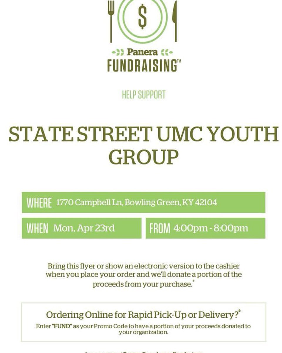 Last chance to support the Youth mission trip by eating good food. Make sure you show this flyer to the cashier!