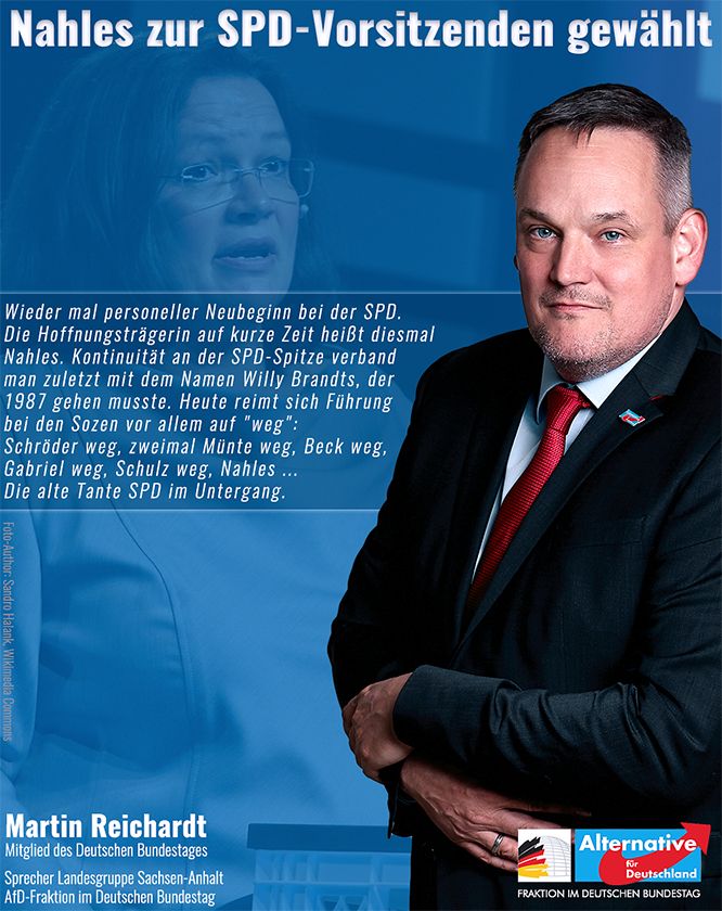 Die Hoffnungsträgerin heißt diesmal #Nahles. Kontinuität an der SPD-Spitze verband man zuletzt mit dem Namen Willy Brandts, der 1987 gehen musste. Heute reimt sich Führung bei den Sozen vor allem auf "weg": Schröder weg, 2x Münte weg, Beck weg, Gabriel weg, Schulz weg, Nahles ...