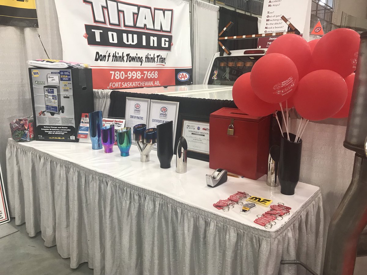 TitanTowing's tweet photo. Thank you @FtSaskChamber for another successful Trade Show! Really liked the changes this year! Thanks to @superior_show & all the sponsors! #FortSask #FSTradeShow #Community @MufflerMinute https://t.co/7fDiNTh5vH