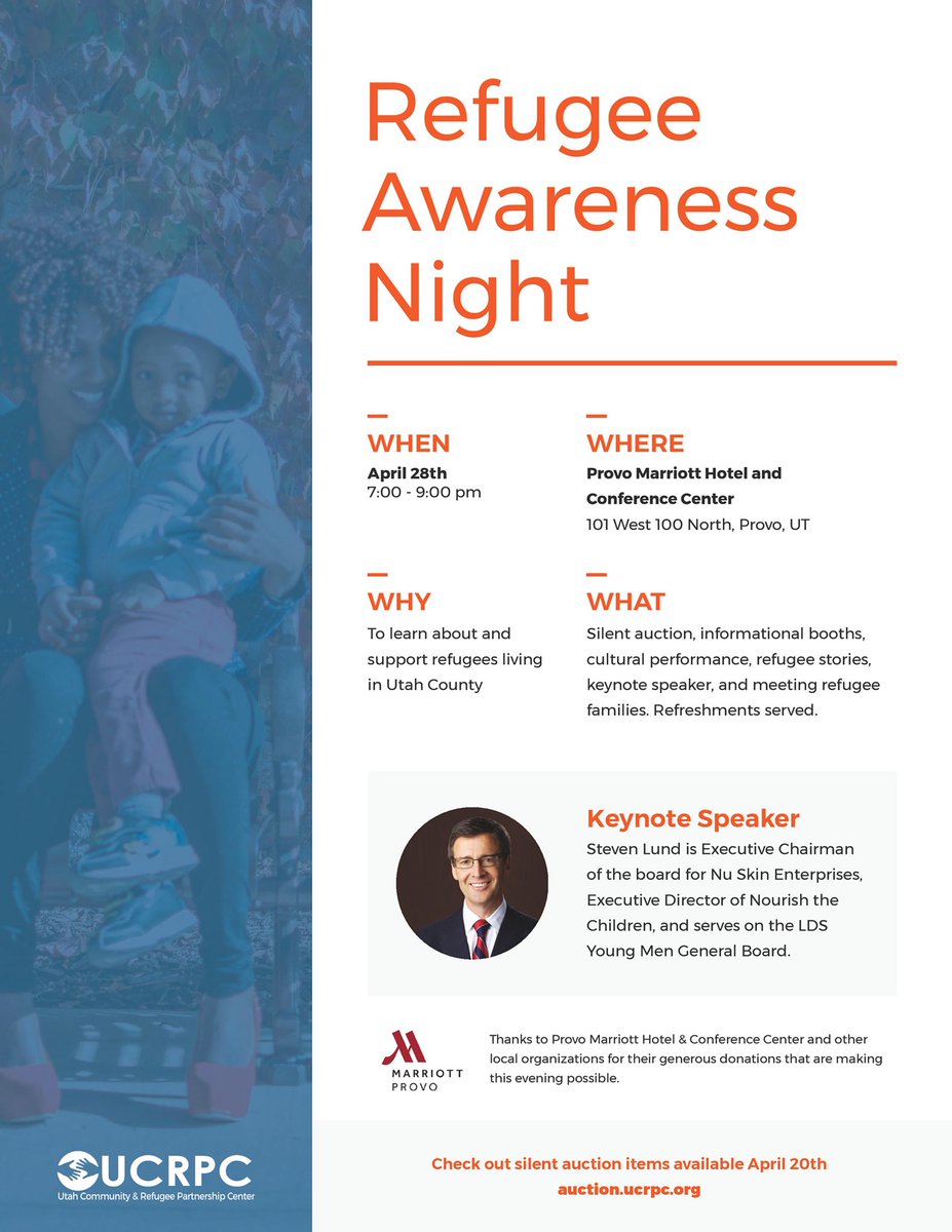 Please RT to help refugees in Utah. Our non-profit organization @ucrpc2 is hosting a Refugee Awareness night THIS Saturday April 28 <a href="/ProvoMarriott/">Provo Marriott</a> at 7:00pm! Steven J. Lund of <a href="/nuskin/">Nu Skin</a> will be our keynote speaker. Want to make a difference to those in need? Come check it out!