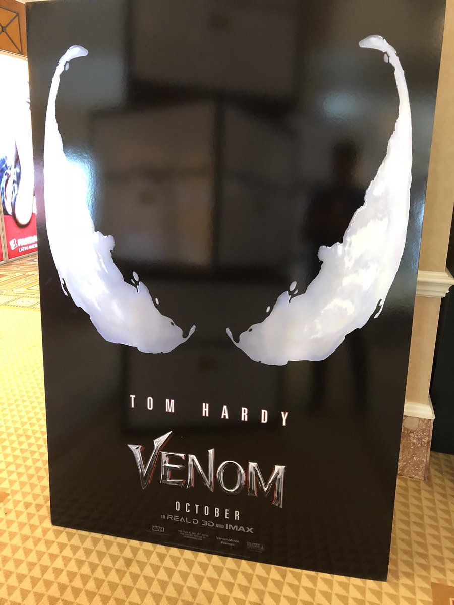 VenomMovieNews's tweet photo. #Venom poster at #CinemaCon. New trailer expected to be shown and hopefully released online tomorrow! (photo via @ErikDavis) https://t.co/NJoYdxMmDJ