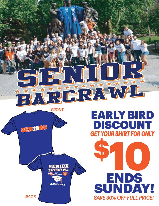 Seniors! Save over 30% off full price and get the 2018 Senior Bar Crawl Shirt for only $10! This discount ends TONIGHT!
Buy Here:
stores.campus.ink/seniorbarcrawl…...
more info: SeniorBarCrawl.com