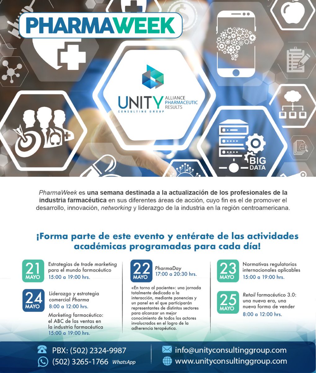 UnityConsGroup's tweet image. PharmaWeek Del lunes 21 al viernes 25 de mayo
Más información:
info@unityconsultinggroup.com
PBX (502)2324-9987
WhatsApp (502) 3265-1766
#PharmaWeek